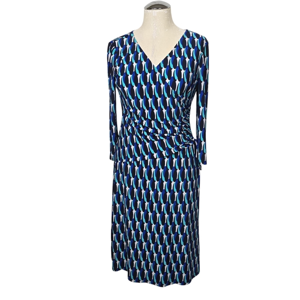 Evan Picone Blue and White Patterned V Neck 3/4 Sleeves Dress 6